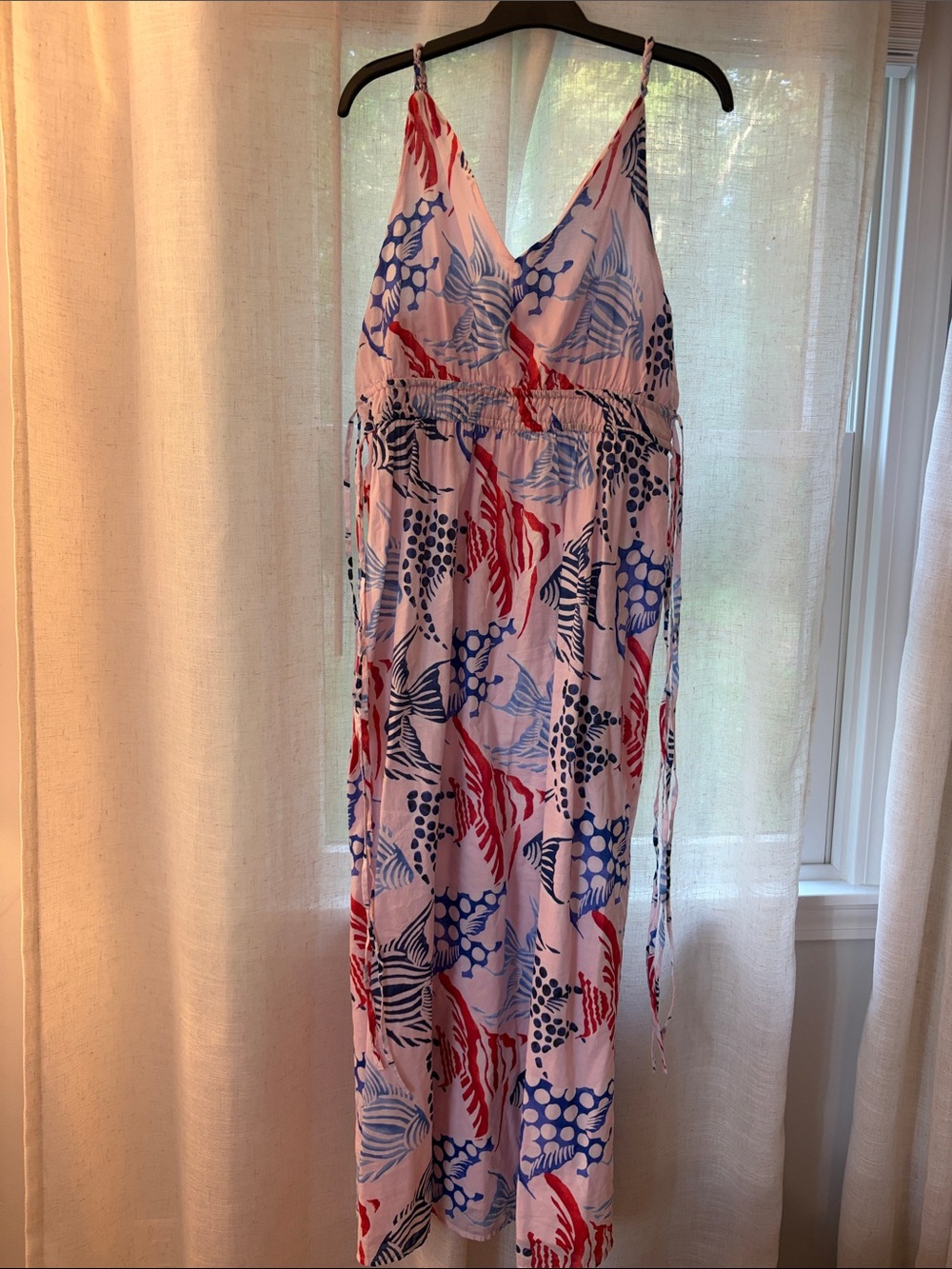 LOFT White Maxi Dress with Red and Blue fish. Beautiful nautical dress!